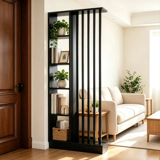 Main image of Freestanding Divider with Storage Shelves, Slatted Partition Bookcase Decorative Privacy Divider for Living Entryway