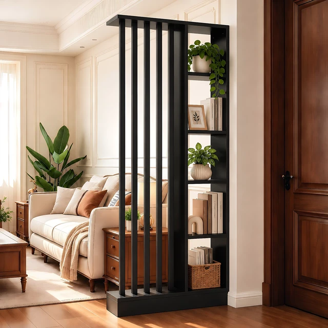 Alt view image 3 of 7 - Freestanding Divider with Storage Shelves, Slatted Partition Bookcase Decorative Privacy Divider for Living Entryway