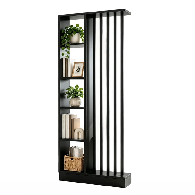 Alt view image 7 of 7 - Freestanding Divider with Storage Shelves, Slatted Partition Bookcase Decorative Privacy Divider for Living Entryway