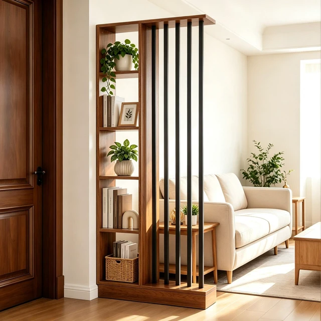 Main image of Freestanding Divider with Storage Shelves, Slatted Partition Bookcase Decorative Privacy Divider for Living Entryway