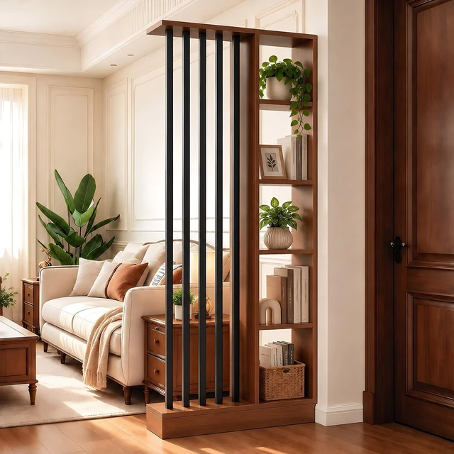 Alt view image 3 of 7 - Freestanding Divider with Storage Shelves, Slatted Partition Bookcase Decorative Privacy Divider for Living Entryway