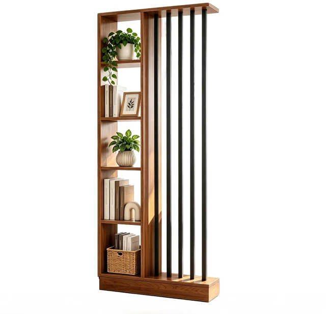 Alt view image 7 of 7 - Freestanding Divider with Storage Shelves, Slatted Partition Bookcase Decorative Privacy Divider for Living Entryway