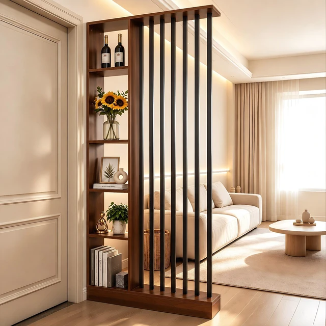 Main image of Freestanding Divider with Storage Shelves, Slatted Partition Bookcase Privacy Screen with Bars Decorative Divider