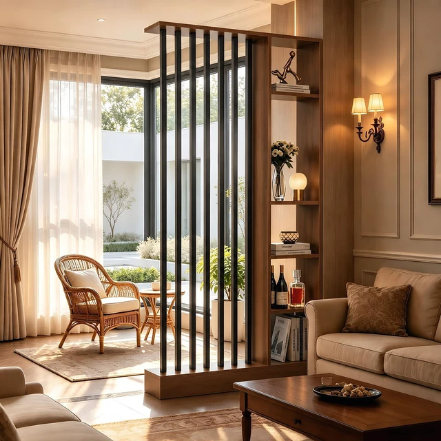 Alt view image 2 of 7 - Freestanding Divider with Storage Shelves, Slatted Partition Bookcase Privacy Screen with Bars Decorative Divider