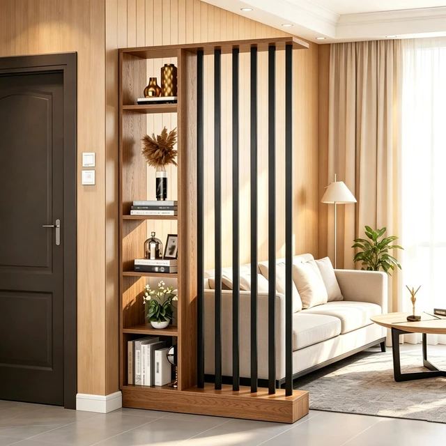 Alt view image 3 of 7 - Freestanding Divider with Storage Shelves, Slatted Partition Bookcase Privacy Screen with Bars Decorative Divider