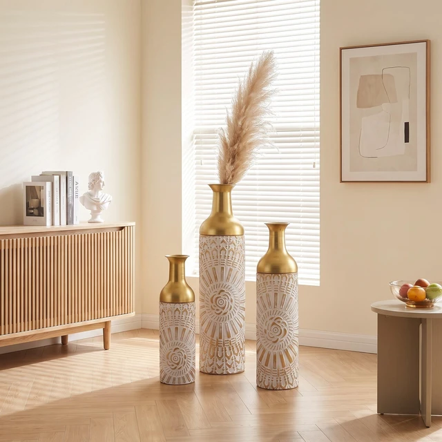 Main image of Floor Vase Set, Tall Decorative Floor Vases Standing Large for Living Textured Decorative Tall Antique White Gold