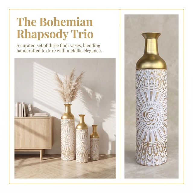 Alt view image 2 of 7 - Floor Vase Set, Tall Decorative Floor Vases Standing Large for Living Textured Decorative Tall Antique White Gold