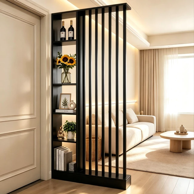 Main image of Freestanding Divider with Storage Shelves, Slatted Partition Bookcase Decorative Privacy Screen Divider for Living