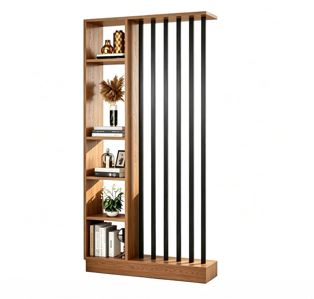 Alt view image 7 of 7 - Freestanding Divider with Storage Shelves, Slatted Partition Bookcase Privacy Screen with Bars Decorative Divider