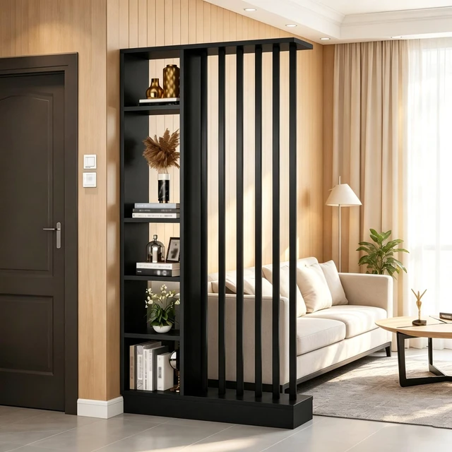 Alt view image 3 of 7 - Freestanding Divider with Storage Shelves, Slatted Partition Bookcase Decorative Privacy Screen Divider for Living