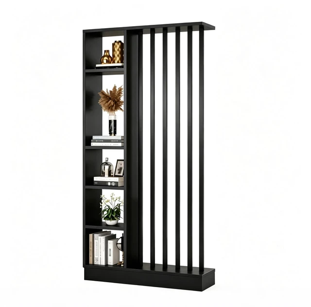 Alt view image 7 of 7 - Freestanding Divider with Storage Shelves, Slatted Partition Bookcase Decorative Privacy Screen Divider for Living