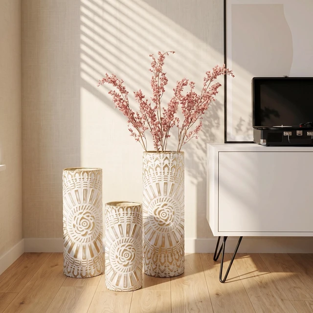 Alt view image 3 of 7 - Floor Vase Set, Tall Decorative Floor Vases Standing Large for Living Textured Decorative Tall Antique White Gold