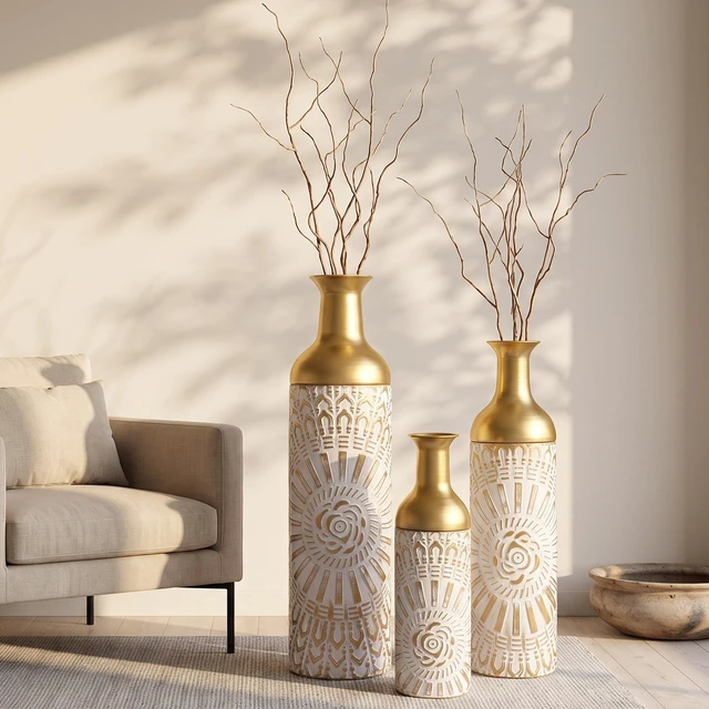 Alt view image 4 of 7 - Floor Vase Set, Tall Decorative Floor Vases Standing Large for Living Textured Decorative Tall Antique White Gold