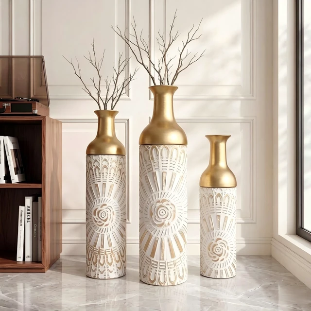Alt view image 5 of 7 - Floor Vase Set, Tall Decorative Floor Vases Standing Large for Living Textured Decorative Tall Antique White Gold