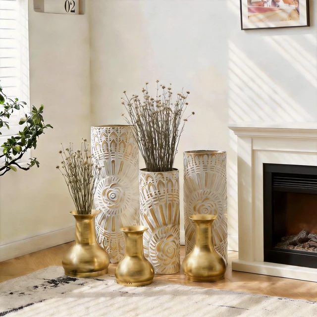 Alt view image 7 of 7 - Floor Vase Set, Tall Decorative Floor Vases Standing Large for Living Textured Decorative Tall Antique White Gold