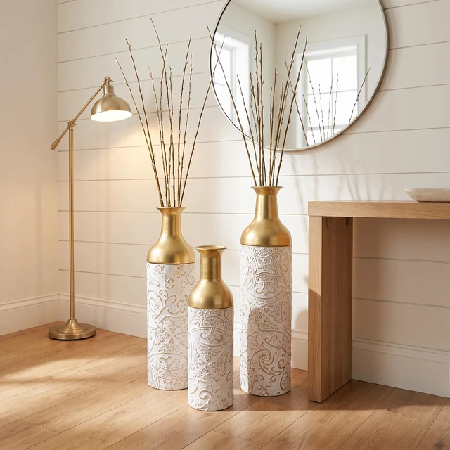Alt view image 4 of 7 - Metal Vases Floor Vases, Tall Decor Metal Set Large Glazed Decorative for Wedding Decoration for Living Entryway, White