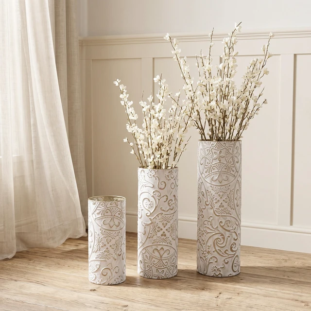 Alt view image 5 of 7 - Metal Vases Floor Vases, Tall Decor Metal Set Large Glazed Decorative for Wedding Decoration for Living Entryway, White