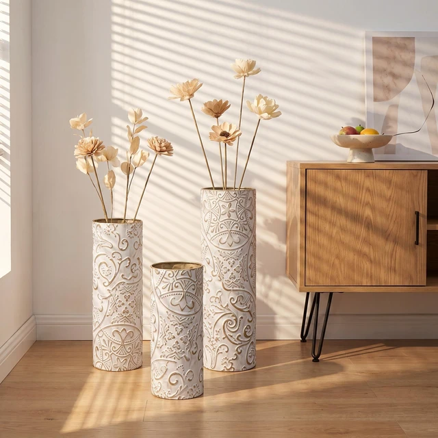 Alt view image 3 of 7 - Metal Vases Floor Vases, Tall Decor Metal Set Large Glazed Decorative for Wedding Decoration for Living Entryway, White