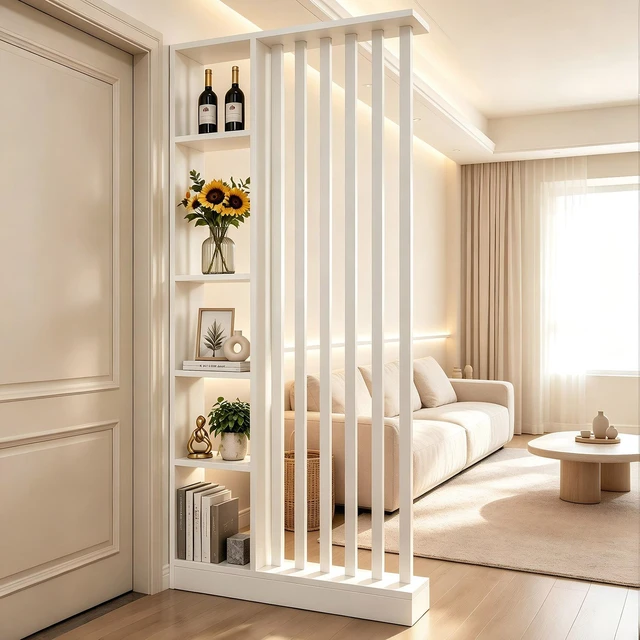 Main image of Freestanding Divider with Storage Shelves, Slatted Partition Bookcase Decorative Privacy Screen Divider for Living