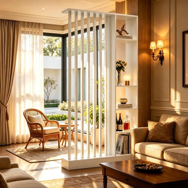 Alt view image 2 of 7 - Freestanding Divider with Storage Shelves, Slatted Partition Bookcase Decorative Privacy Screen Divider for Living