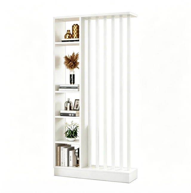 Alt view image 7 of 7 - Freestanding Divider with Storage Shelves, Slatted Partition Bookcase Decorative Privacy Screen Divider for Living
