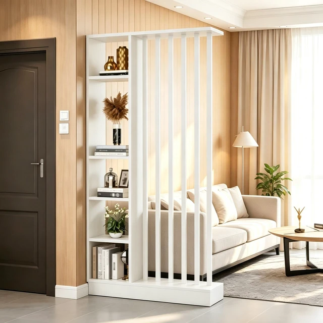 Alt view image 3 of 7 - Freestanding Divider with Storage Shelves, Slatted Partition Bookcase Decorative Privacy Screen Divider for Living
