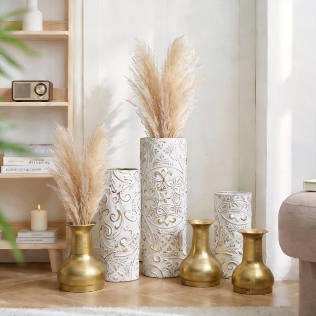 Alt view image 7 of 7 - Metal Vases Floor Vases, Tall Decor Metal Set Large Glazed Decorative for Wedding Decoration for Living Entryway, White