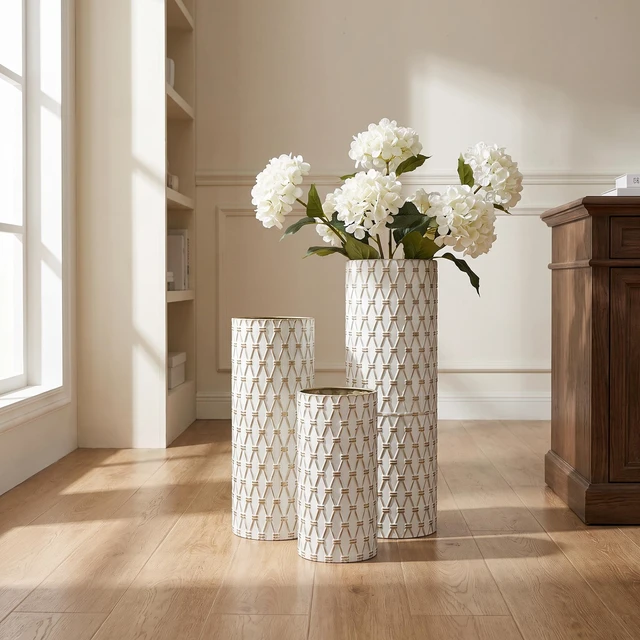 Alt view image 2 of 7 - Diamond Embossed Floor Vase Set, Geometric Textured Tall Vases Living and Decor, White Gold, Metal, Jars