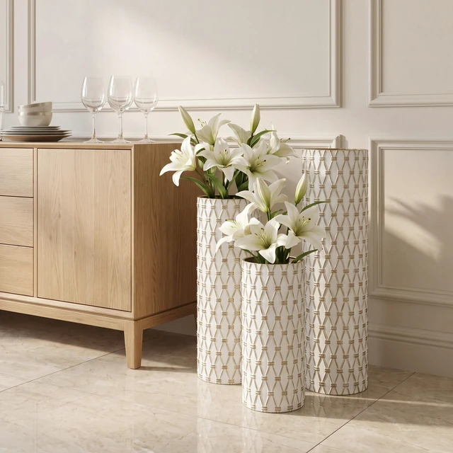 Alt view image 3 of 7 - Diamond Embossed Floor Vase Set, Geometric Textured Tall Vases Living and Decor, White Gold, Metal, Jars