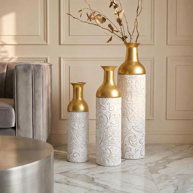 Alt view image 6 of 7 - Metal Vases Floor Vases, Tall Decor Metal Set Large Glazed Decorative for Wedding Decoration for Living Entryway, White