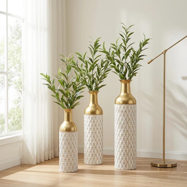 Alt view image 4 of 7 - Diamond Embossed Floor Vase Set, Geometric Textured Tall Vases Living and Decor, White Gold, Metal, Jars