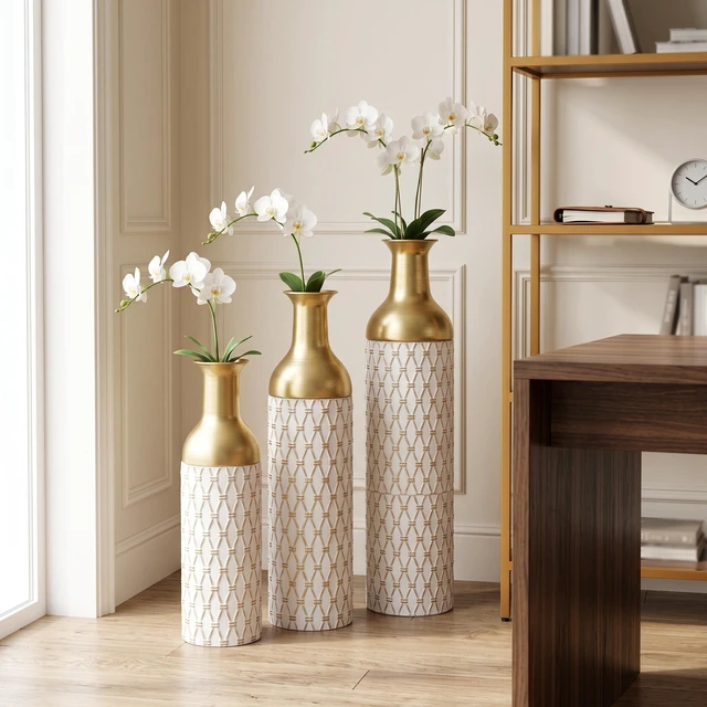 Main image of Diamond Embossed Floor Vase Set, Geometric Textured Tall Vases Living and Decor, White Gold, Metal, Jars
