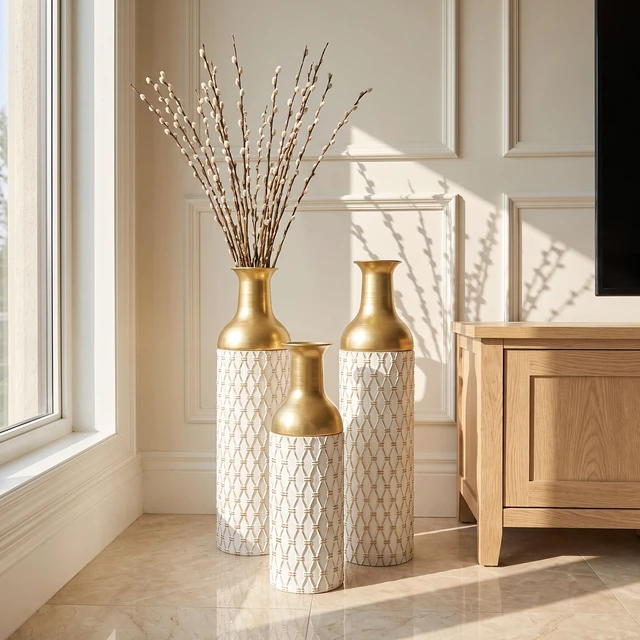 Alt view image 5 of 7 - Diamond Embossed Floor Vase Set, Geometric Textured Tall Vases Living and Decor, White Gold, Metal, Jars