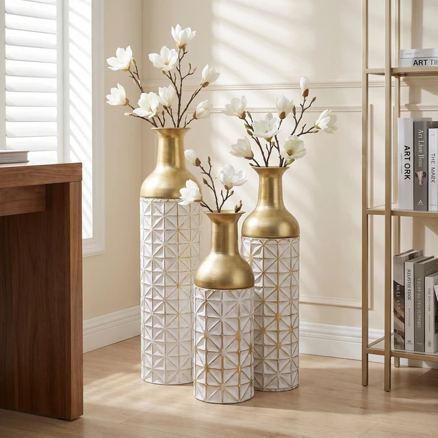 Main image of Floor Metal Vase Set, Tall Textured Geometric Metal Decorative Floor Vases Large for Living Entryway Decor Suitable