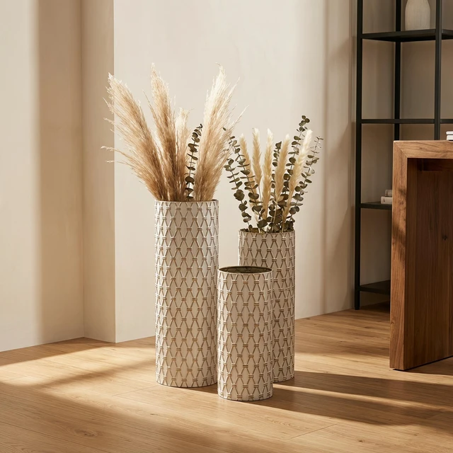 Alt view image 6 of 7 - Diamond Embossed Floor Vase Set, Geometric Textured Tall Vases Living and Decor, White Gold, Metal, Jars