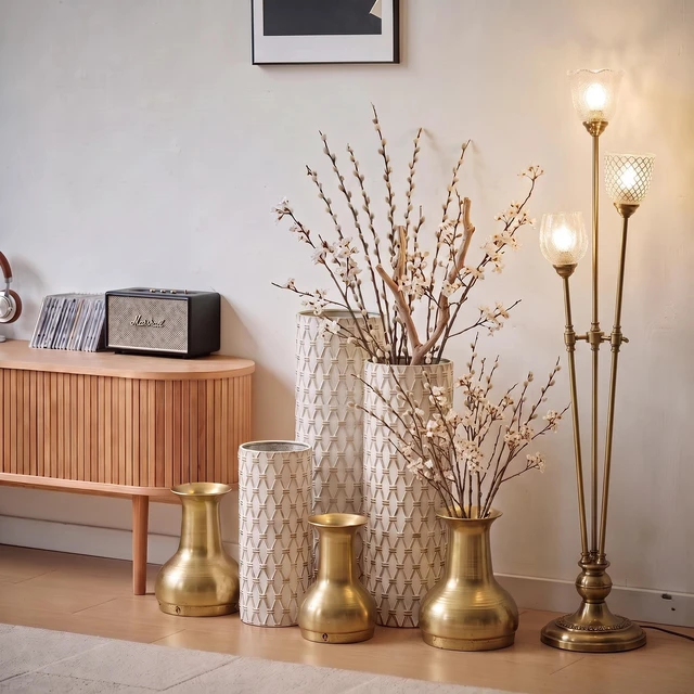 Alt view image 7 of 7 - Diamond Embossed Floor Vase Set, Geometric Textured Tall Vases Living and Decor, White Gold, Metal, Jars