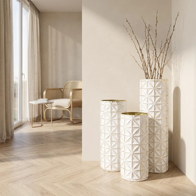 Alt view image 3 of 7 - Floor Metal Vase Set, Tall Textured Geometric Metal Decorative Floor Vases Large for Living Entryway Decor Suitable