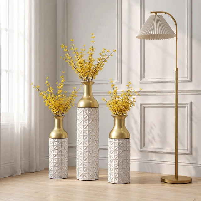 Alt view image 4 of 7 - Floor Metal Vase Set, Tall Textured Geometric Metal Decorative Floor Vases Large for Living Entryway Decor Suitable