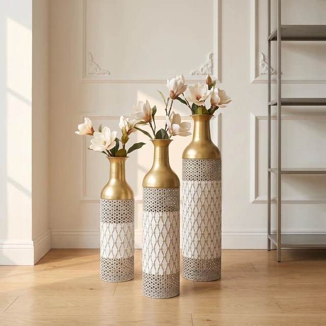 Main image of Pack Tall Floor Vase Metal Decorative Vase, Geometric Embossed Floor Standing Accent Decor for Corner Fireplace, White