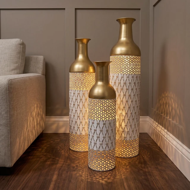Alt view image 2 of 7 - Pack Tall Floor Vase Metal Decorative Vase, Geometric Embossed Floor Standing Accent Decor for Corner Fireplace, White