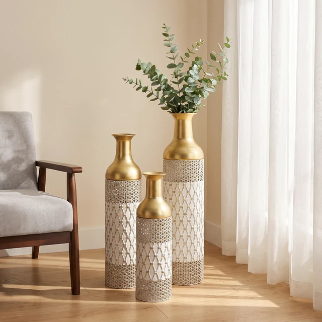 Alt view image 3 of 7 - Pack Tall Floor Vase Metal Decorative Vase, Geometric Embossed Floor Standing Accent Decor for Corner Fireplace, White
