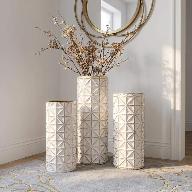 Alt view image 7 of 7 - Floor Metal Vase Set, Tall Textured Geometric Metal Decorative Floor Vases Large for Living Entryway Decor Suitable