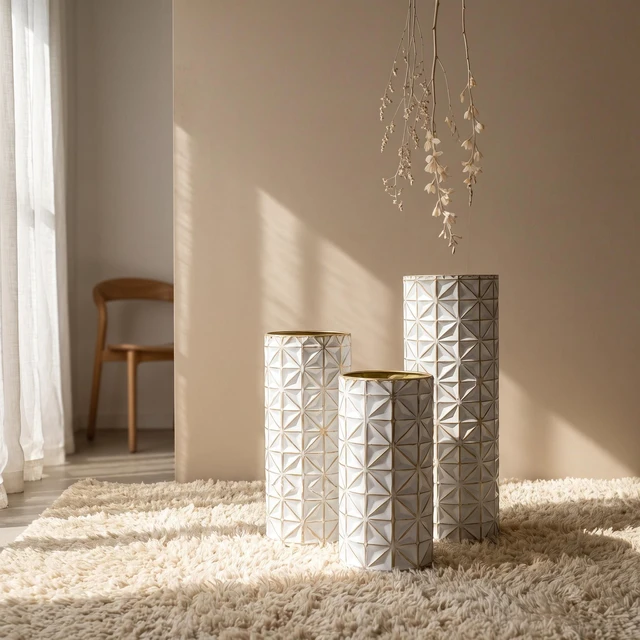 Alt view image 5 of 7 - Floor Metal Vase Set, Tall Textured Geometric Metal Decorative Floor Vases Large for Living Entryway Decor Suitable