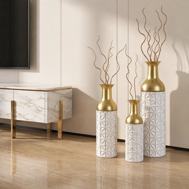Alt view image 6 of 7 - Floor Metal Vase Set, Tall Textured Geometric Metal Decorative Floor Vases Large for Living Entryway Decor Suitable