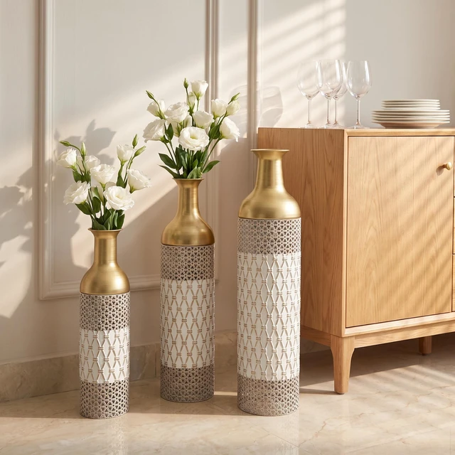 Alt view image 6 of 7 - Pack Tall Floor Vase Metal Decorative Vase, Geometric Embossed Floor Standing Accent Decor for Corner Fireplace, White