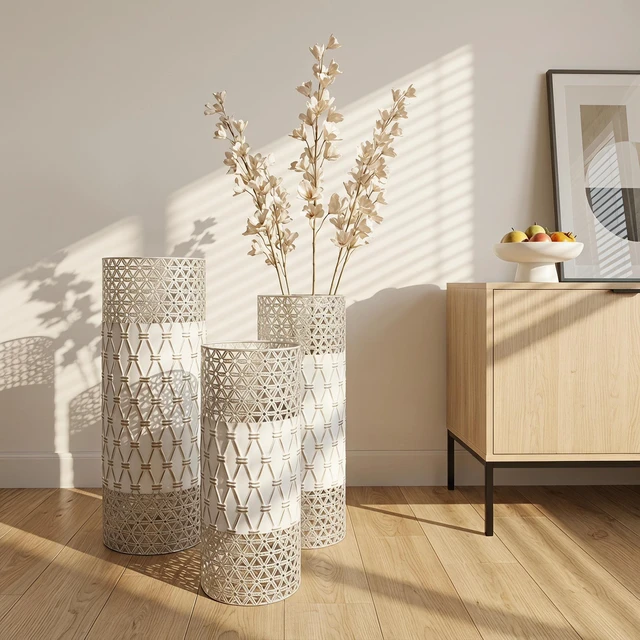 Alt view image 5 of 7 - Pack Tall Floor Vase Metal Decorative Vase, Geometric Embossed Floor Standing Accent Decor for Corner Fireplace, White