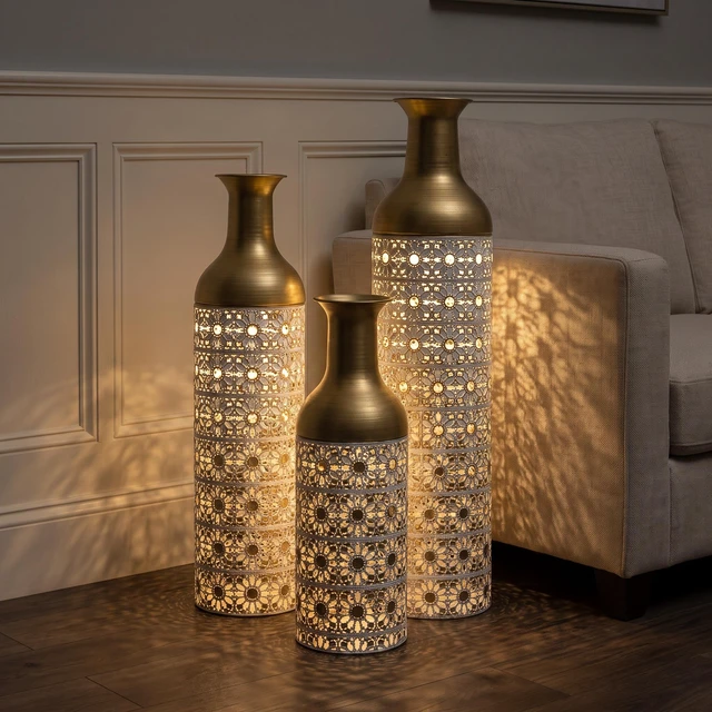 Alt view image 5 of 7 - Gold Metal Floor Vase Set, Handcrafted Cutout Hollow Tall Standing Vase Glam Decorative Floor for Living Corner