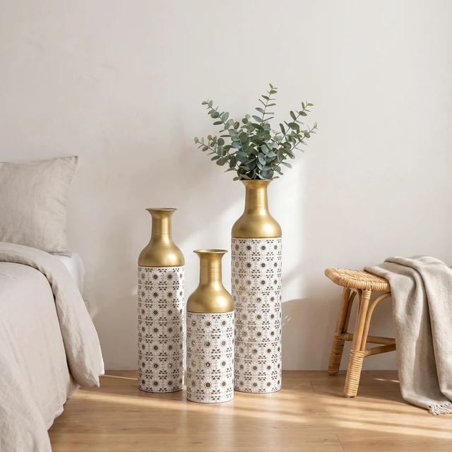 Alt view image 3 of 7 - Gold Metal Floor Vase Set, Handcrafted Cutout Hollow Tall Standing Vase Glam Decorative Floor for Living Corner