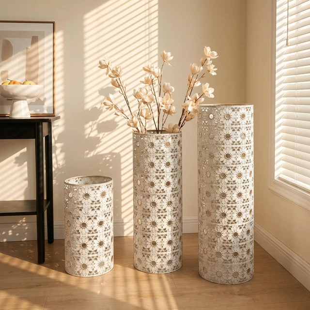 Alt view image 6 of 7 - Gold Metal Floor Vase Set, Handcrafted Cutout Hollow Tall Standing Vase Glam Decorative Floor for Living Corner