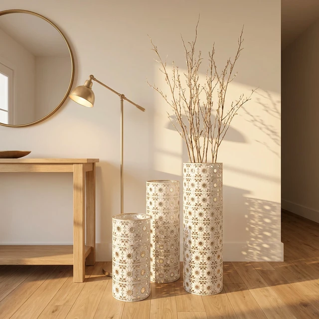 Alt view image 7 of 7 - Gold Metal Floor Vase Set, Handcrafted Cutout Hollow Tall Standing Vase Glam Decorative Floor for Living Corner